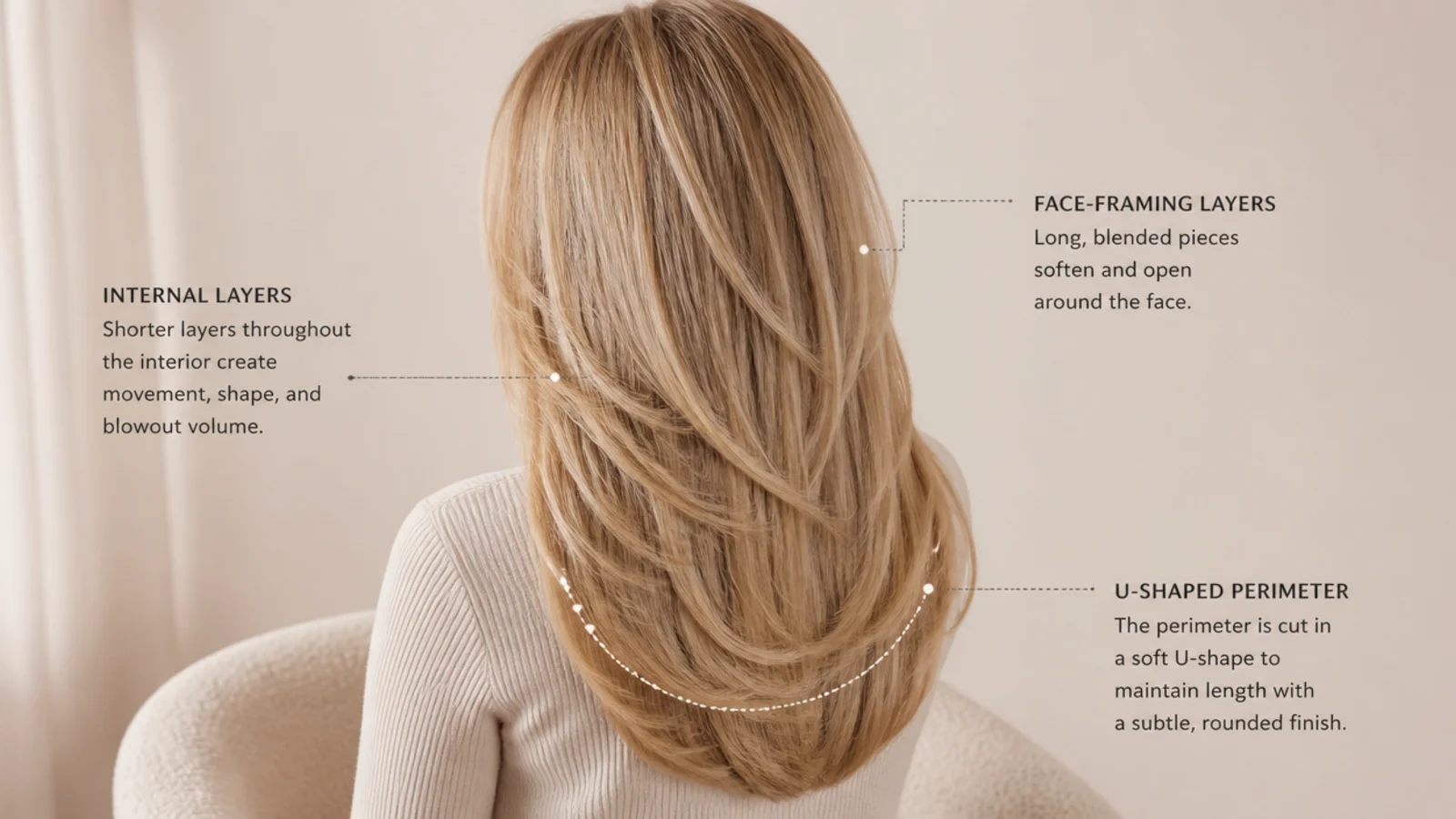 Diagram-style view of long layered blonde hair from behind showing internal layers and a U-shaped perimeter