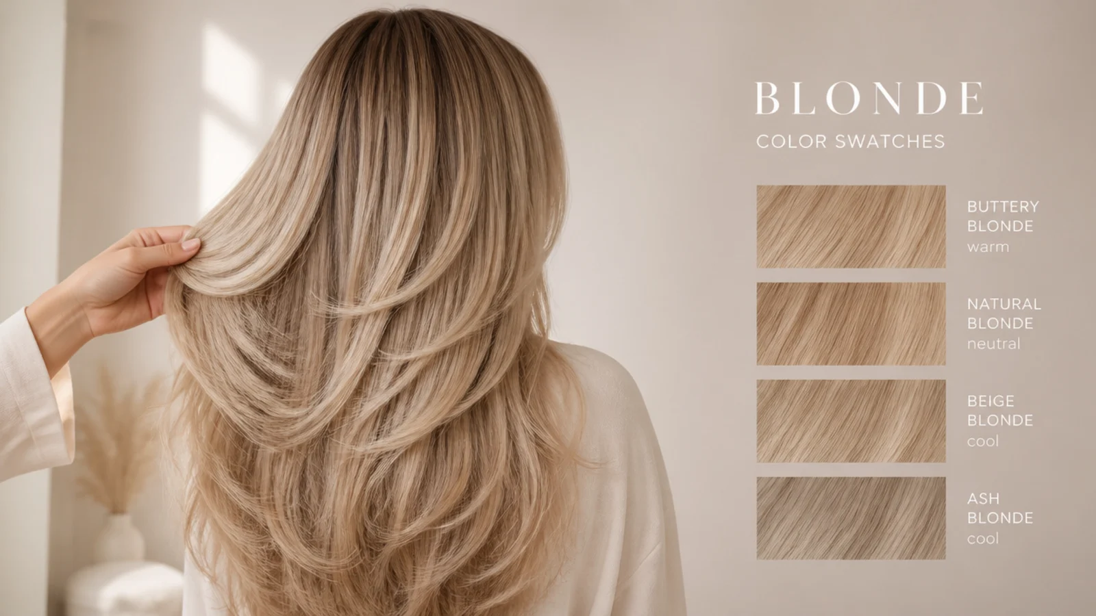 Blonde hair color swatches from buttery blonde to cool beige shown against long layered hair from behind