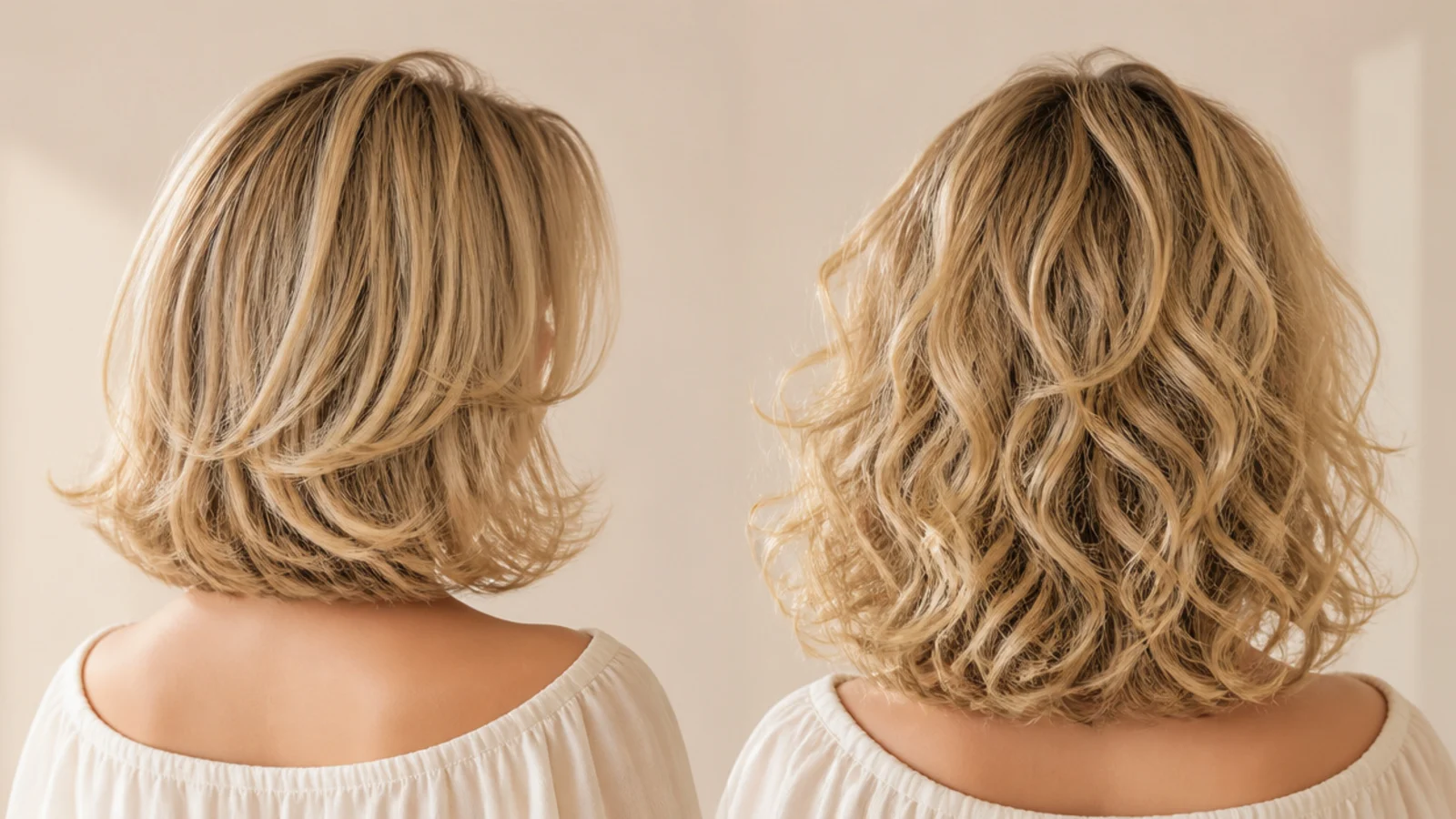 Short blonde bob and curly blonde hair side by side, both with curtain bangs, photographed from behind