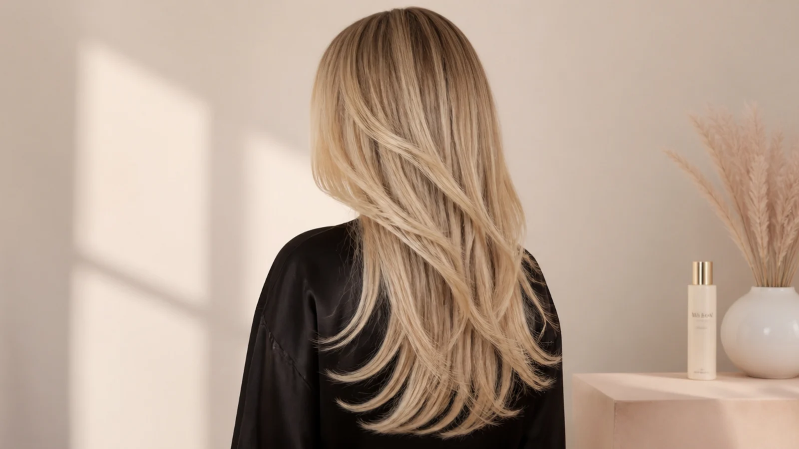 Long layered blonde hair with a lash-skimming curtain fringe shown from behind to reveal the layer placement