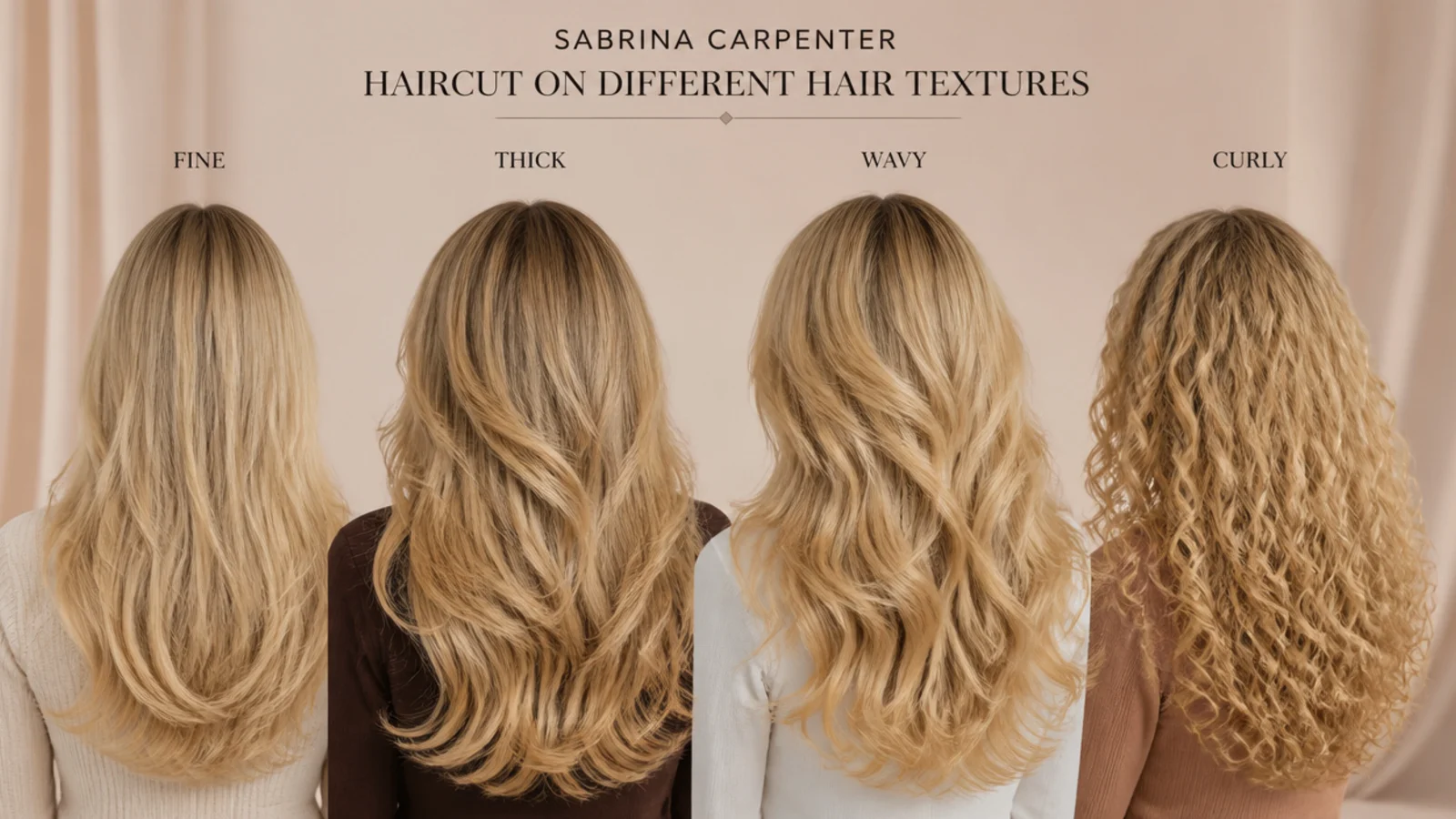 Four hair textures compared showing how Sabrina Carpenter hair layers fall on fine, thick, wavy and curly hair