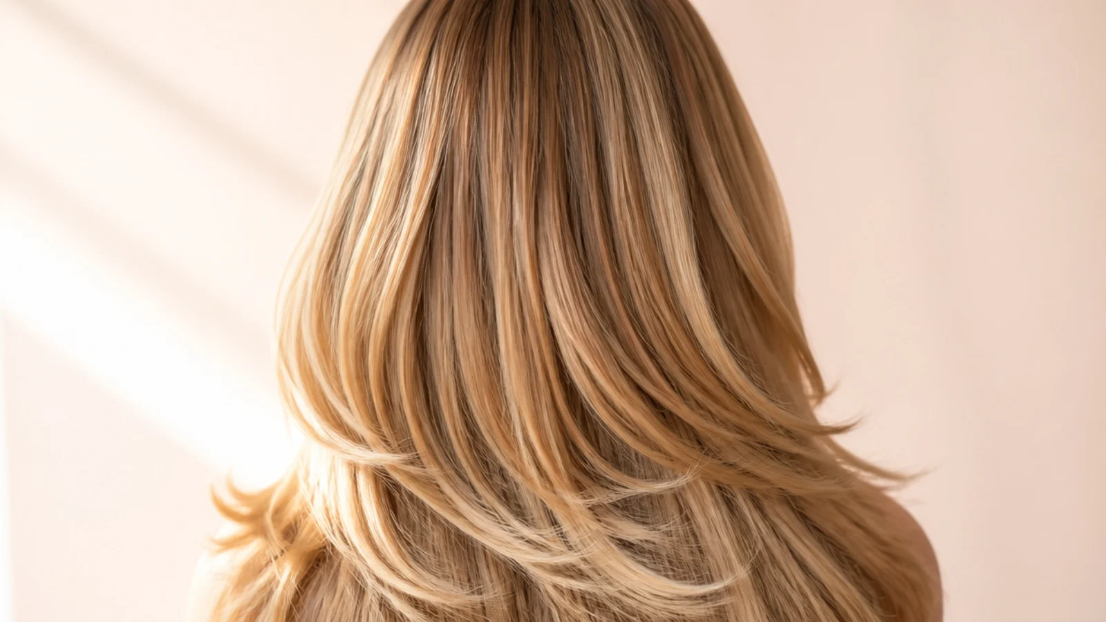 Air-dried long layered blonde hair with a middle part falling to mid-back, shot from behind
