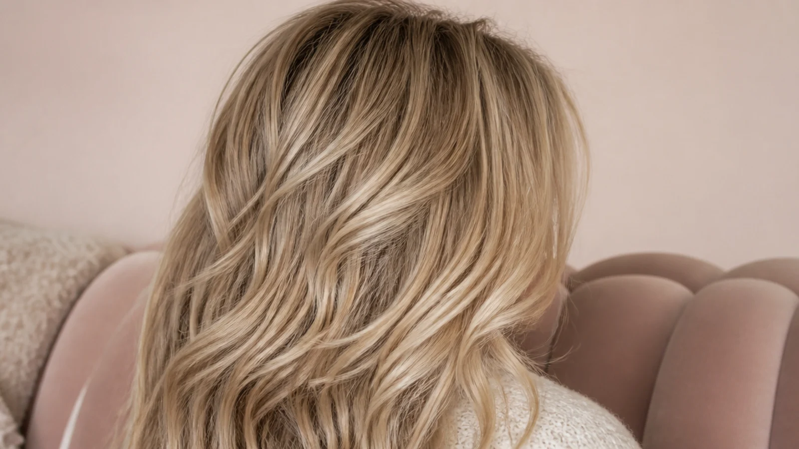 Second-day tousled blonde waves with visible root volume, viewed from behind on a sofa