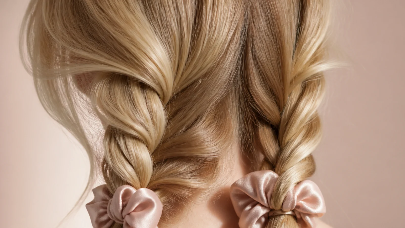 Two loose rope braids in damp blonde hair tied with silk scrunchies for heatless overnight waves