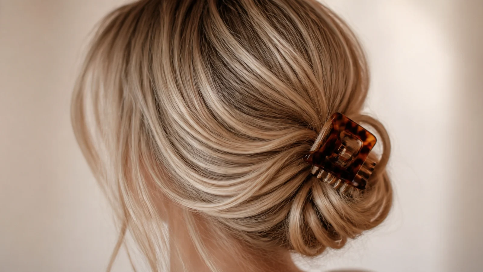 Loose low bun in damp blonde hair secured with a claw clip for slept-in crease waves