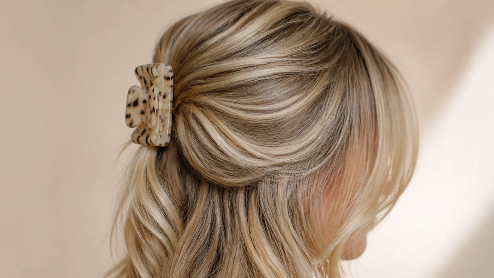 Half-up claw clip holding air-dried blonde waves with curtain bangs left loose at the front
