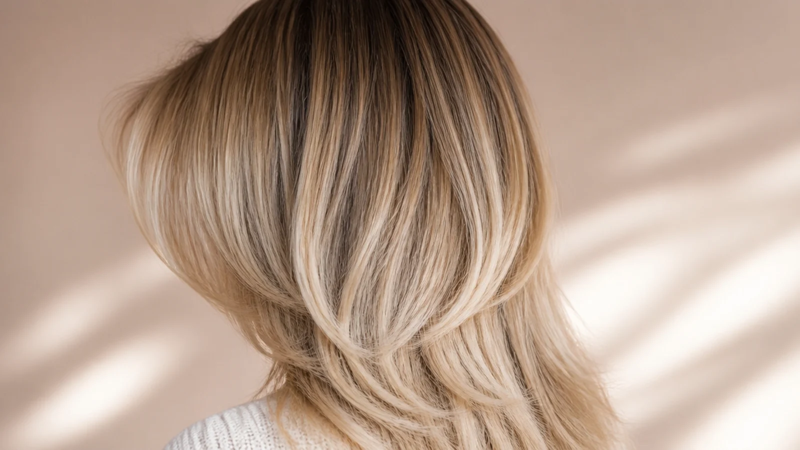 Buttery blonde hair with a soft darker root shadow blending into lighter air-dried ends
