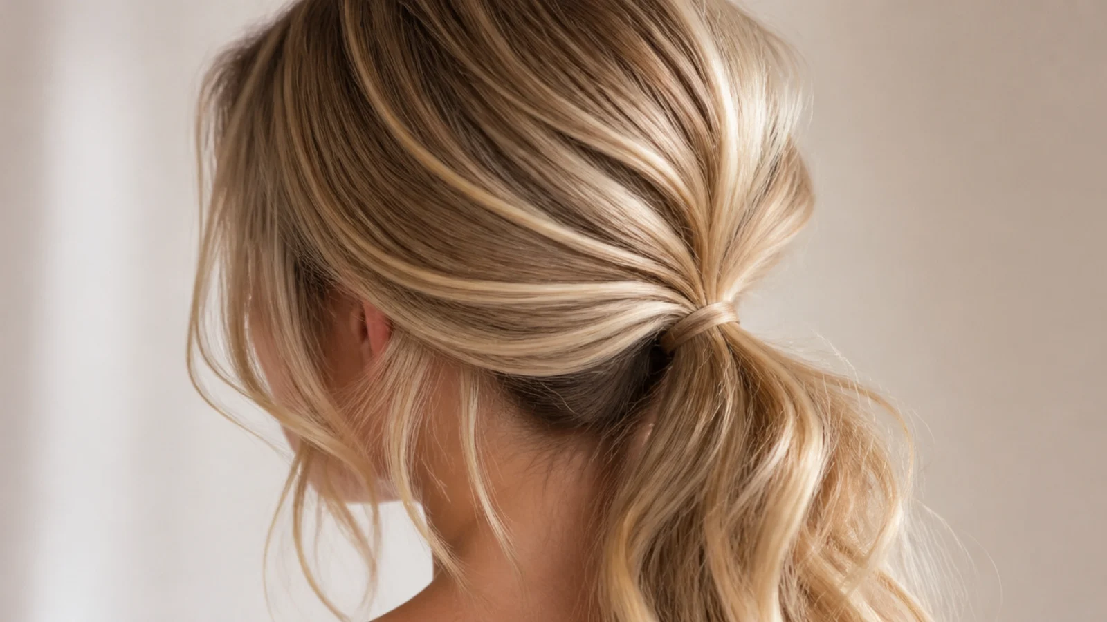 Low blonde ponytail tied at the nape with soft face-framing pieces pulled loose at the temples