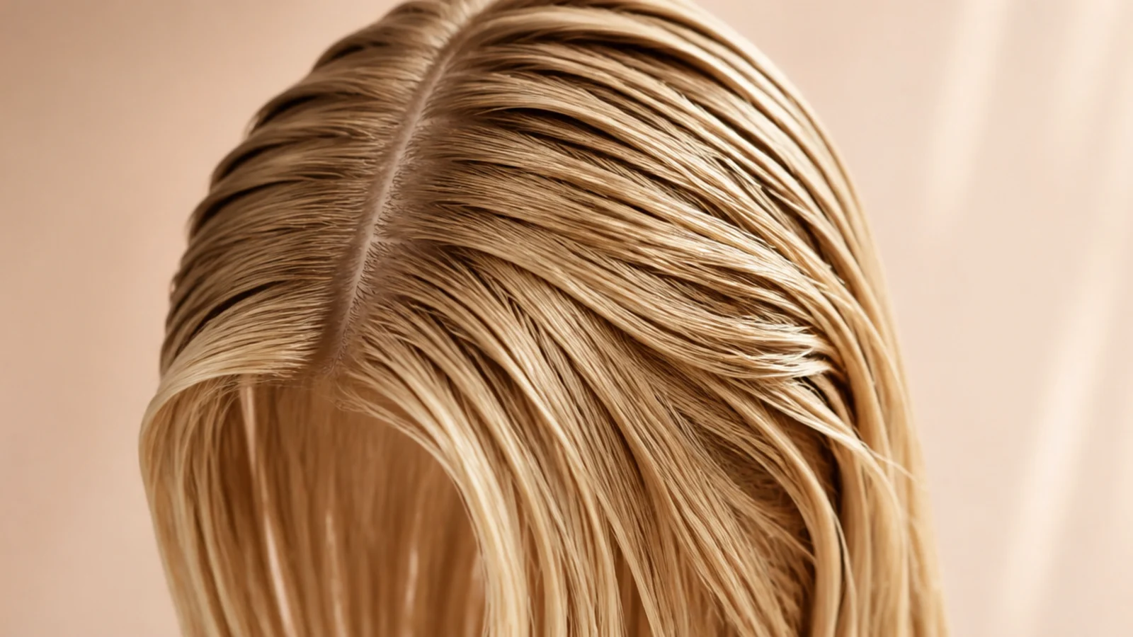 Blonde hair slicked back wet from the face with a defined center part and damp lengths