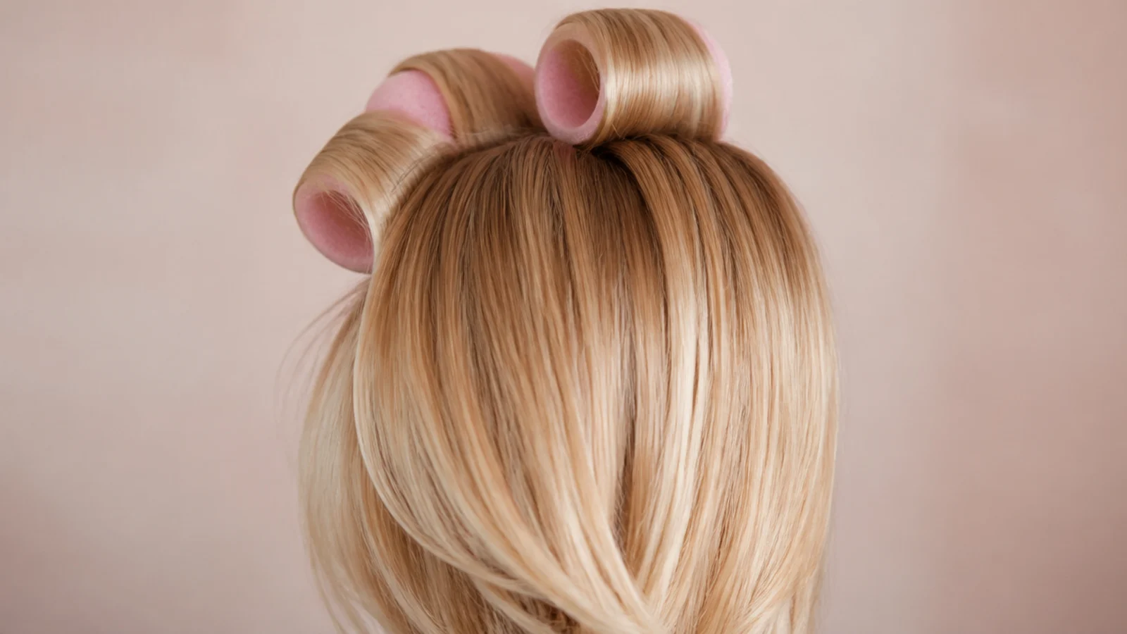 Large foam rollers set in damp blonde hair at the crown for heatless volume and soft bend
