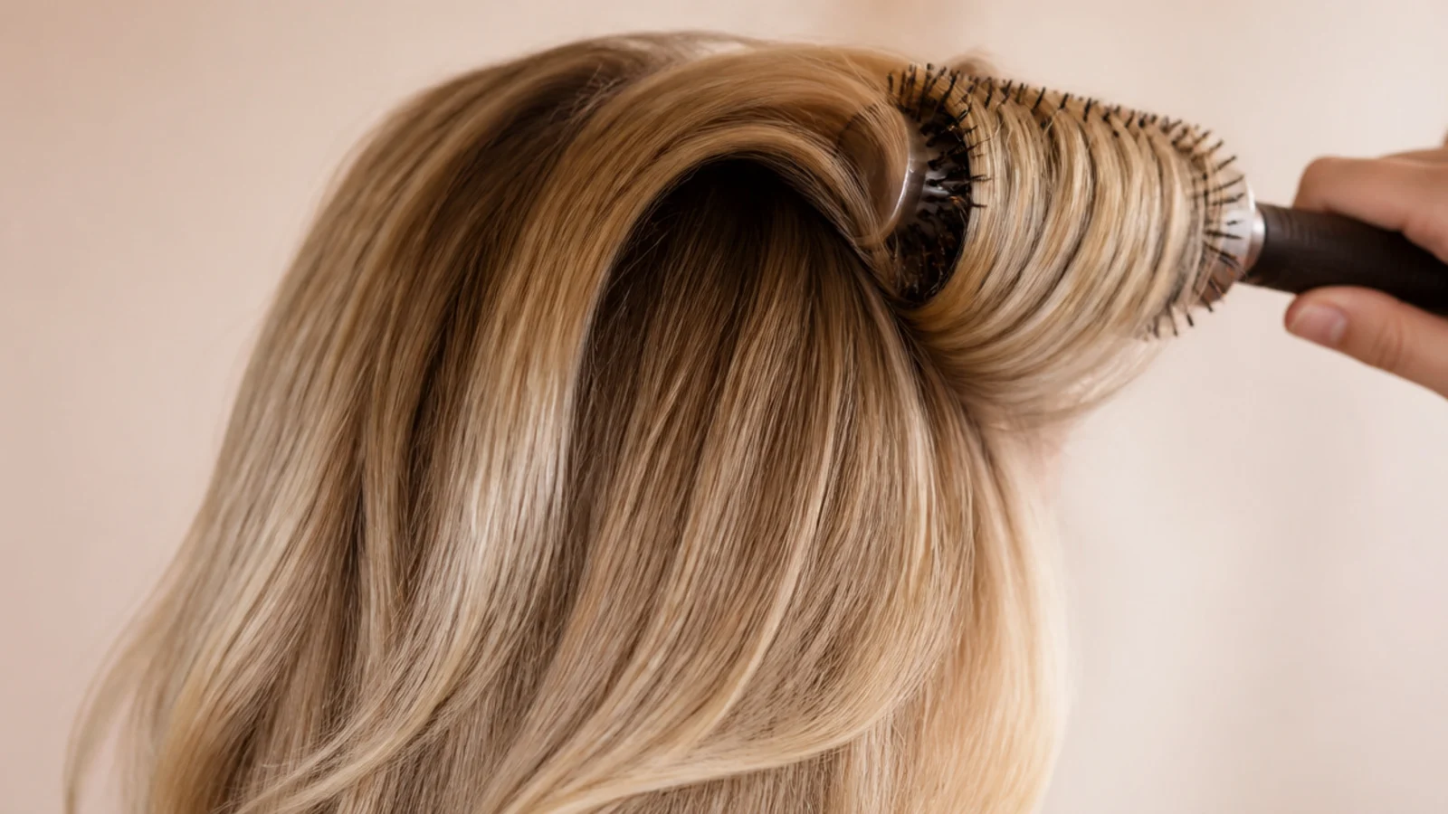 Round brush lifting a curtain fringe at the root above naturally waved blonde lengths