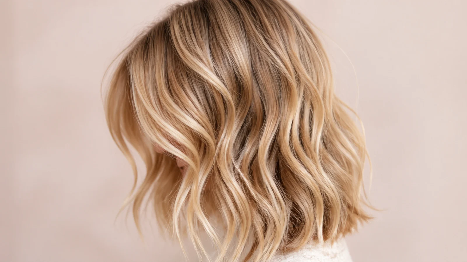 Collarbone length blonde lob air-dried into loose natural waves with soft face-framing layers