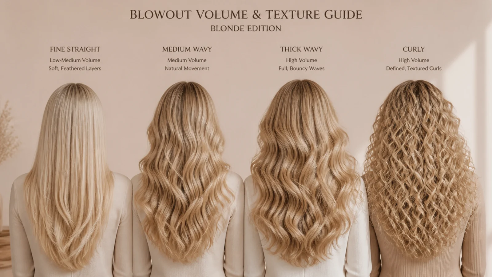 Four blonde hair swatches compared showing fine straight, medium wavy, thick wavy and curly texture