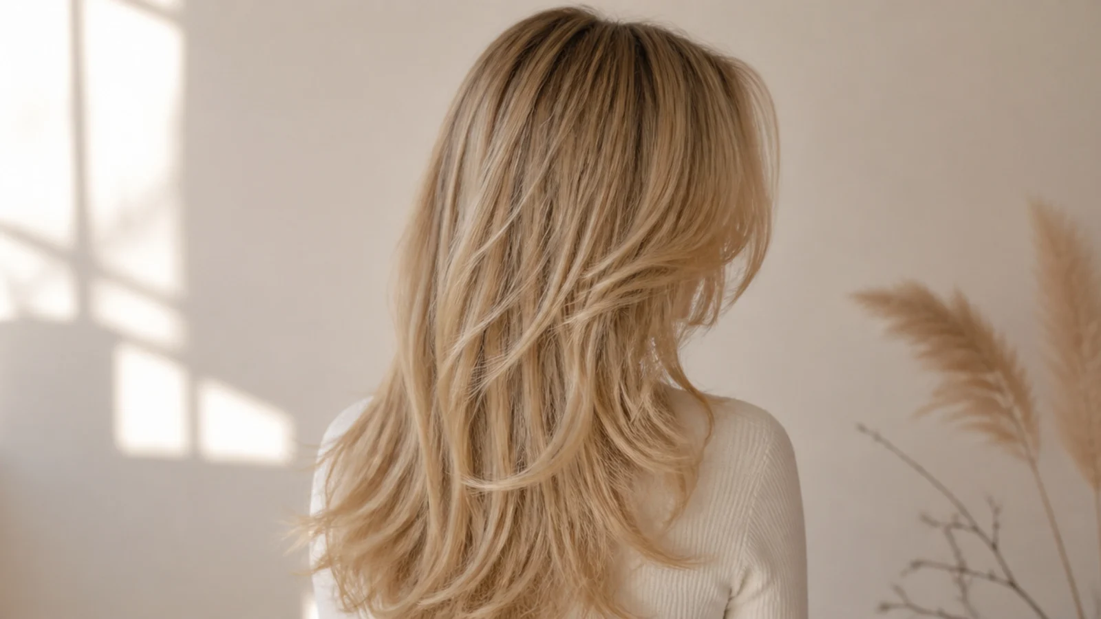 Air-dried long layered blonde hair with curtain bangs photographed from behind in soft natural light