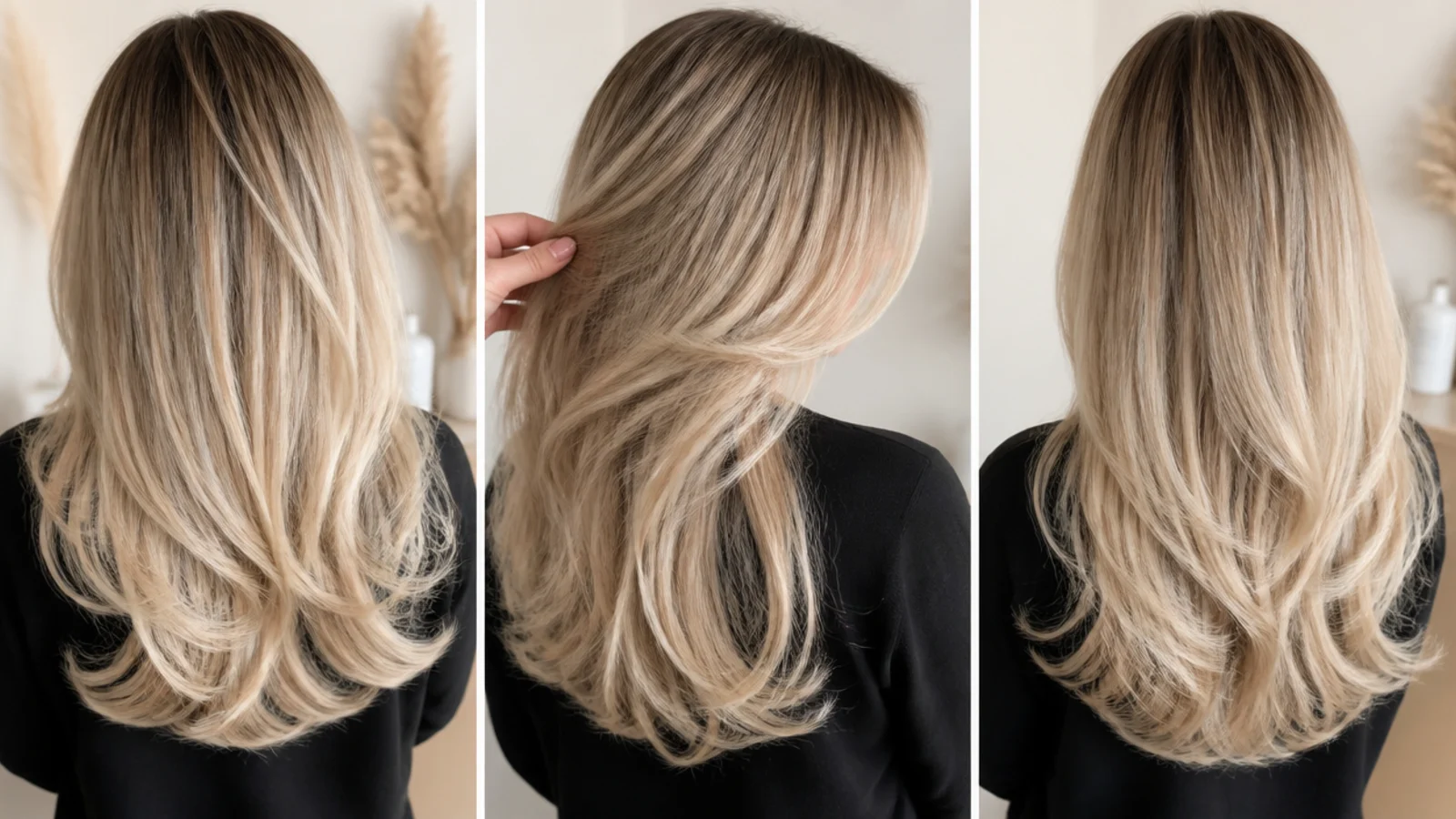 Buttery blonde hair with cool beige ends and a soft shadow root shown in three sections