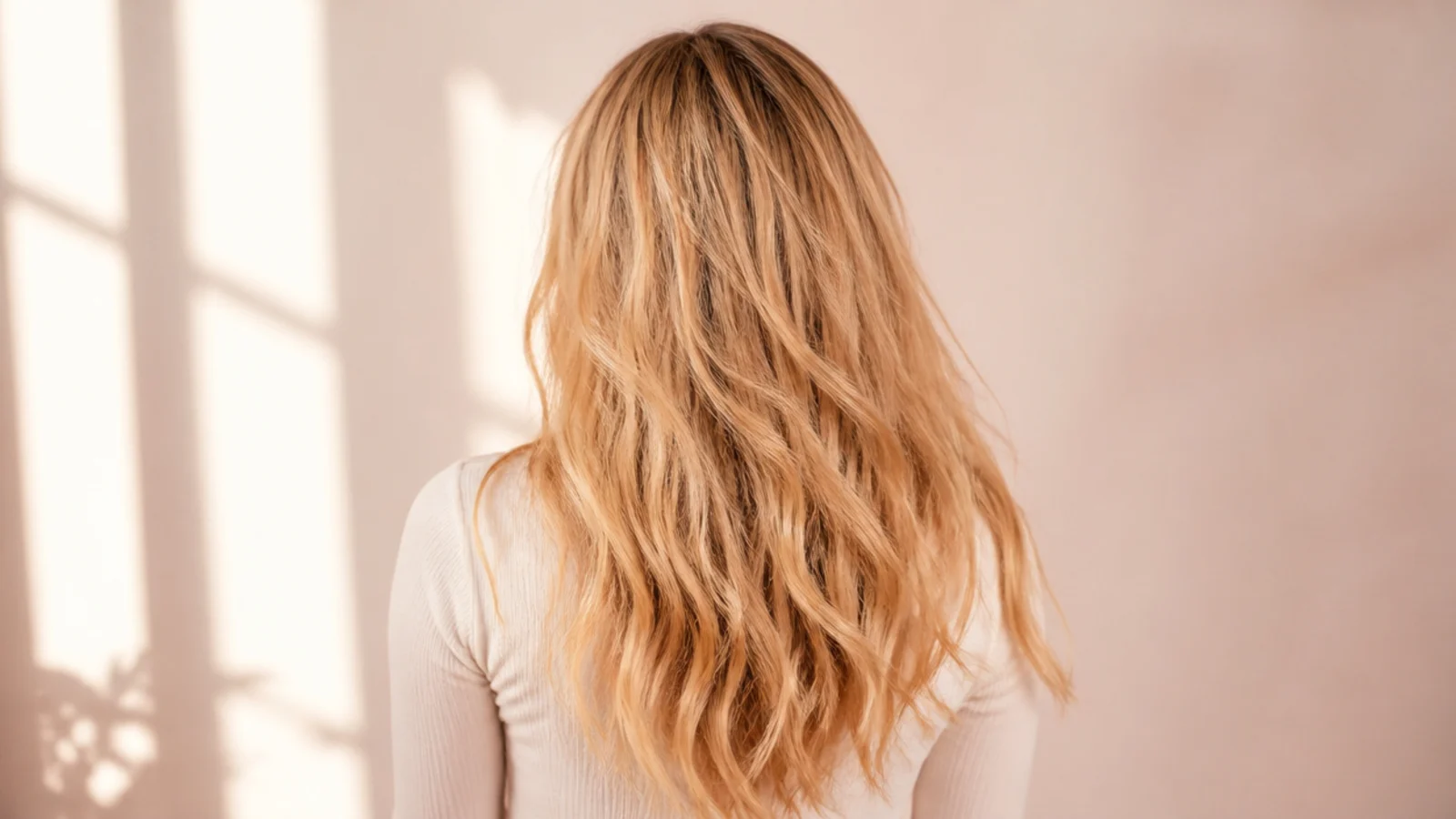 Loose uneven natural blonde waves at mid-back length shown from behind without styling