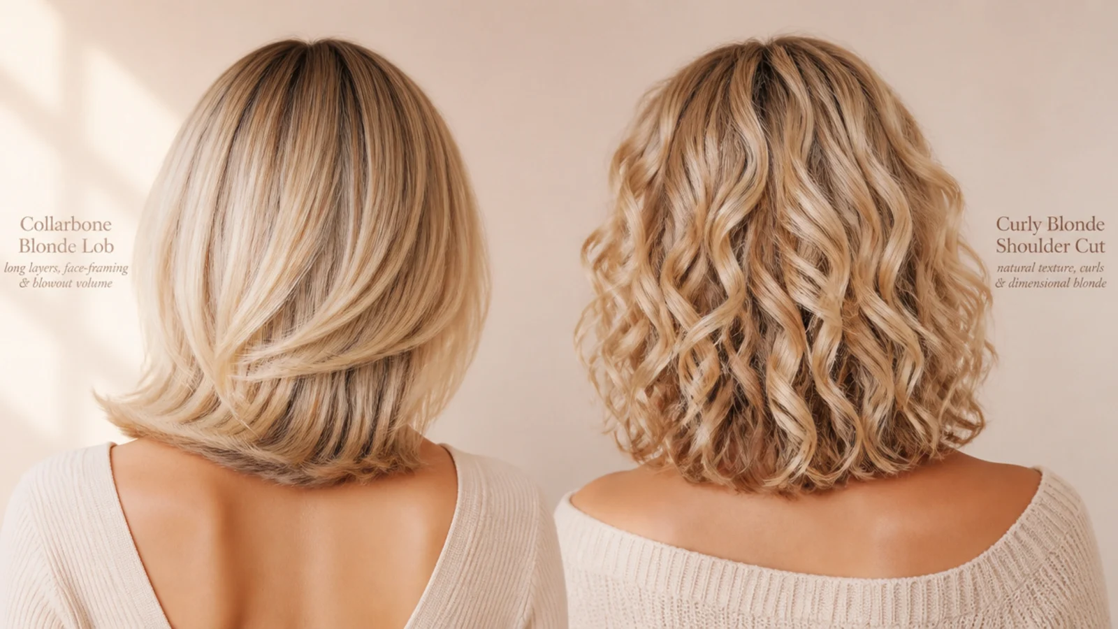 Collarbone blonde lob and a curly blonde shoulder length cut compared side by side from behind