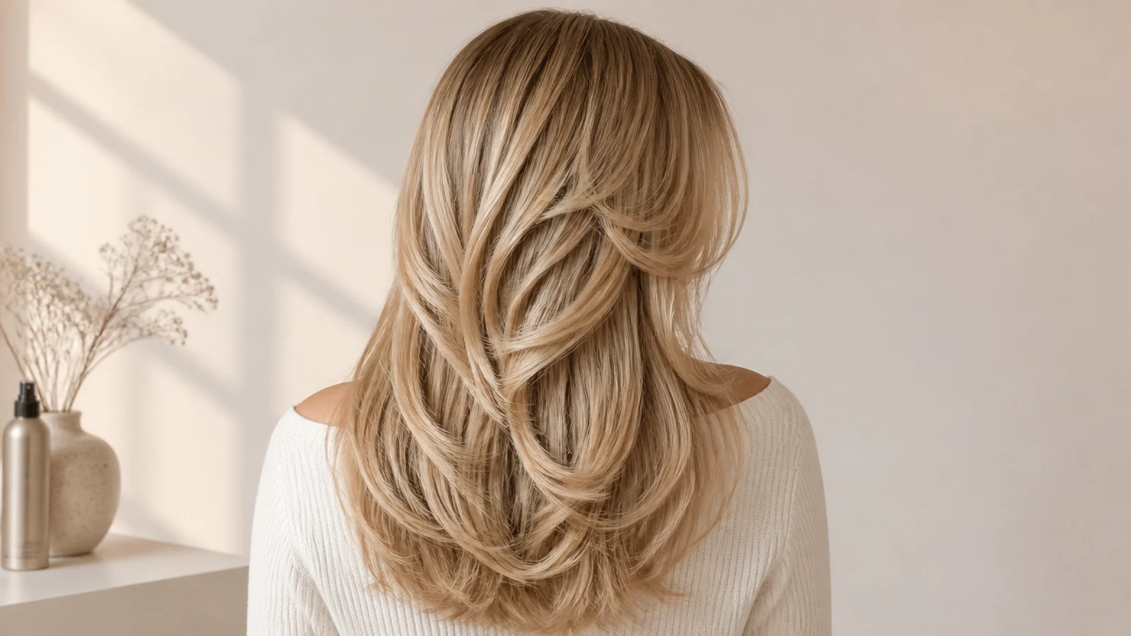 Long layered blonde haircut from behind showing internal layers and jaw-length face framing pieces