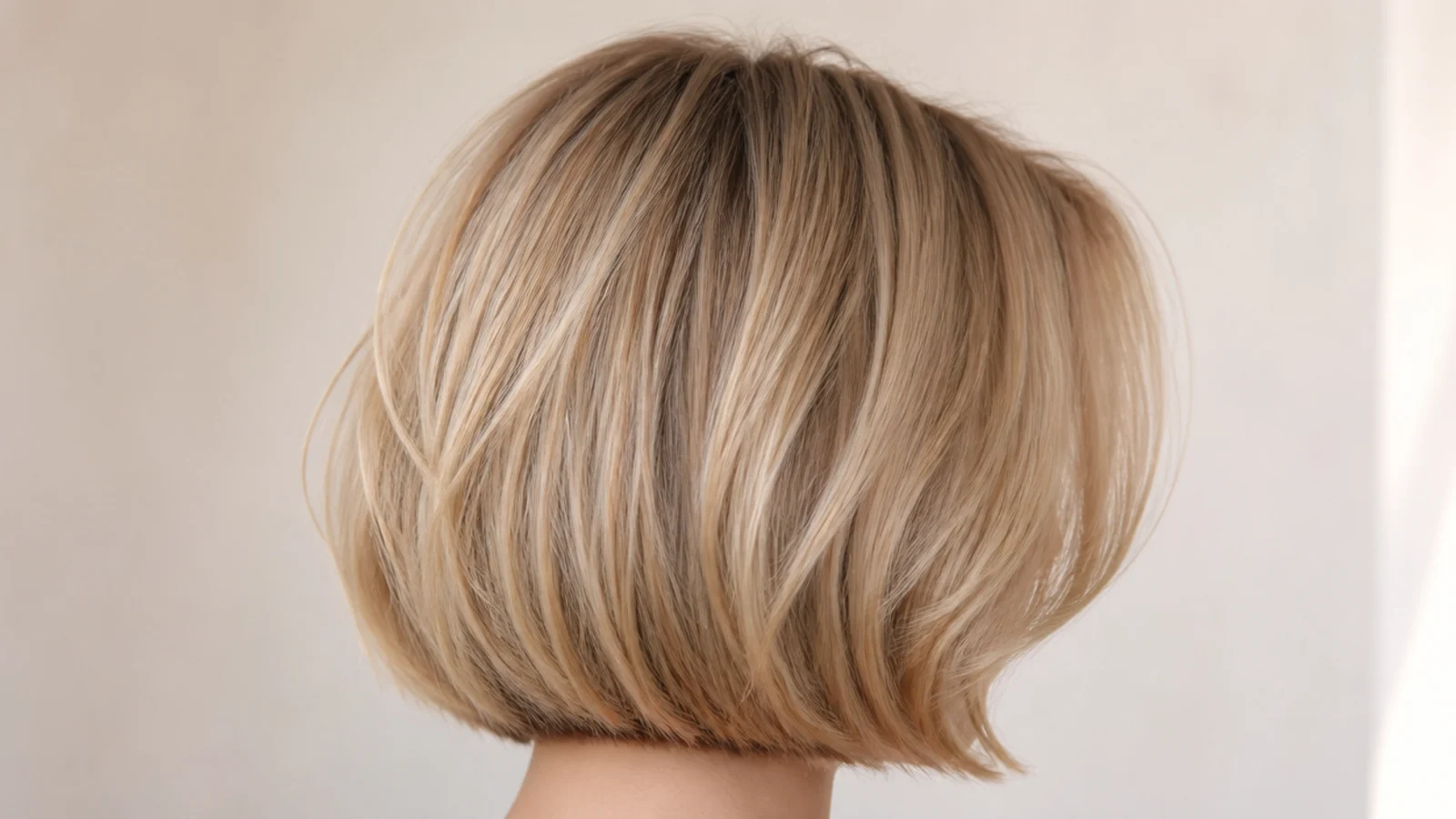 Buttery blonde French bob cut to the mid cheekbone with curtain bangs, viewed from behind