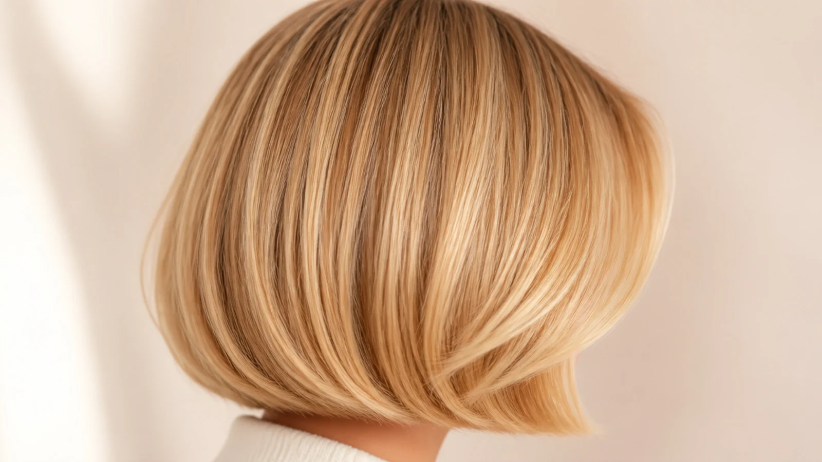 Chin-length blunt blonde bob in a warm buttery shade with a soft inward bend at the ends