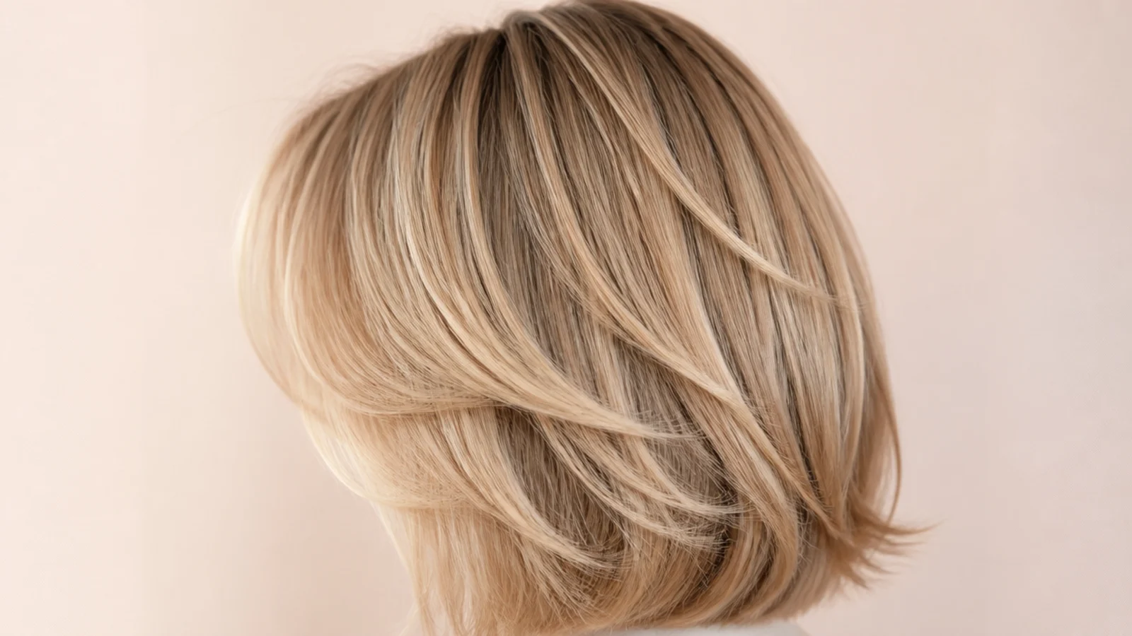 Collarbone-length blonde lob with face-framing layers starting at the jaw, shot from the back