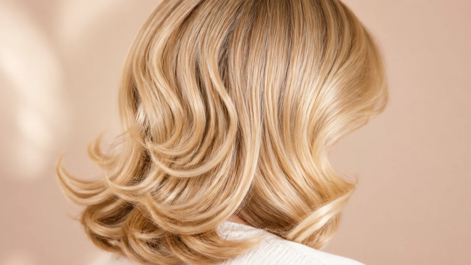 Shoulder-length blonde pin-curl bob with tight set waves brushed out into soft S bends