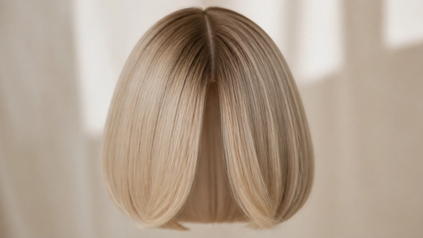 Sleek straight blonde bob with a precise center part and glassy flat-ironed ends