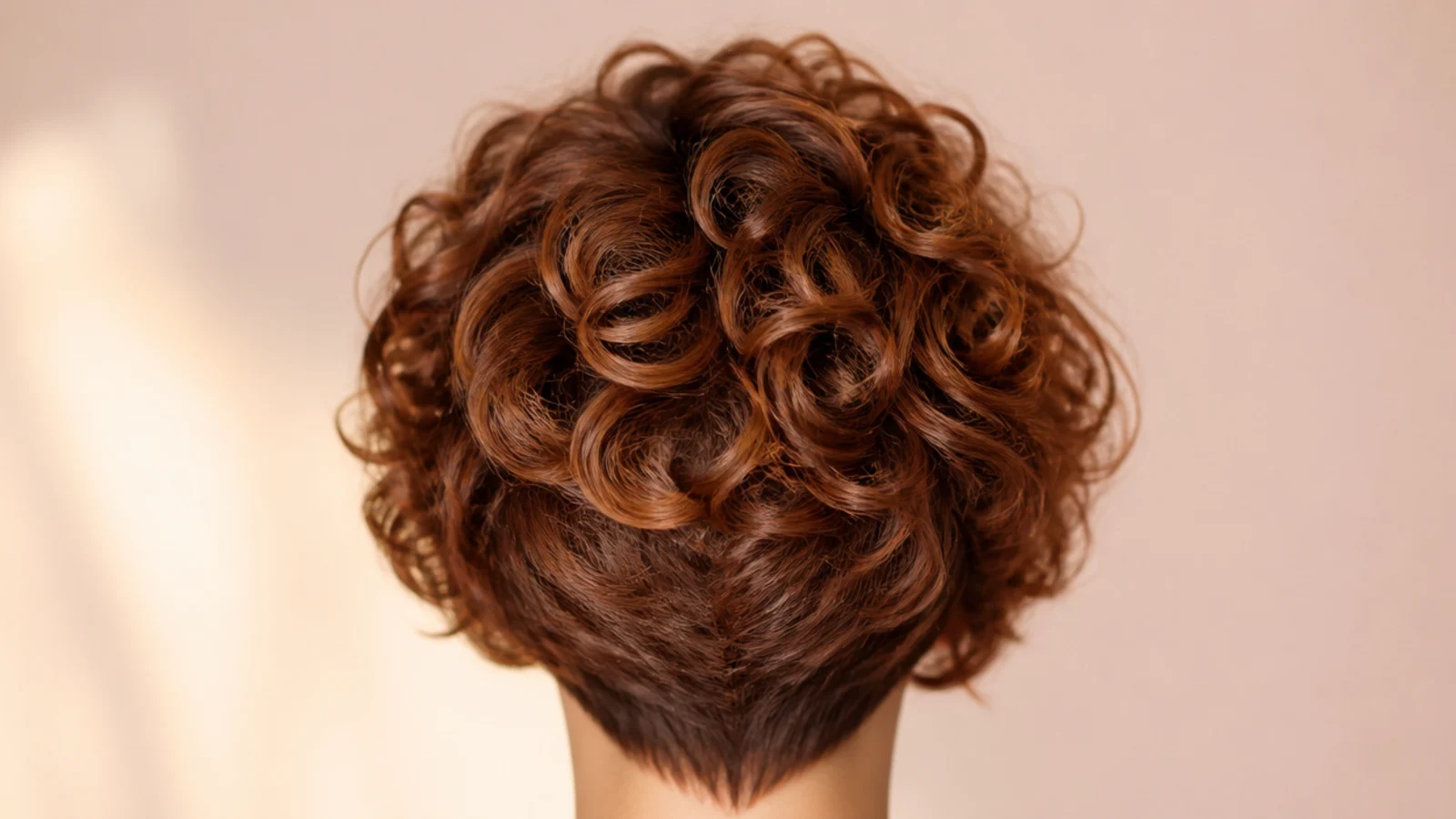 Short auburn curly pixie cut with tight ringlets at the crown and tapered nape, from behind