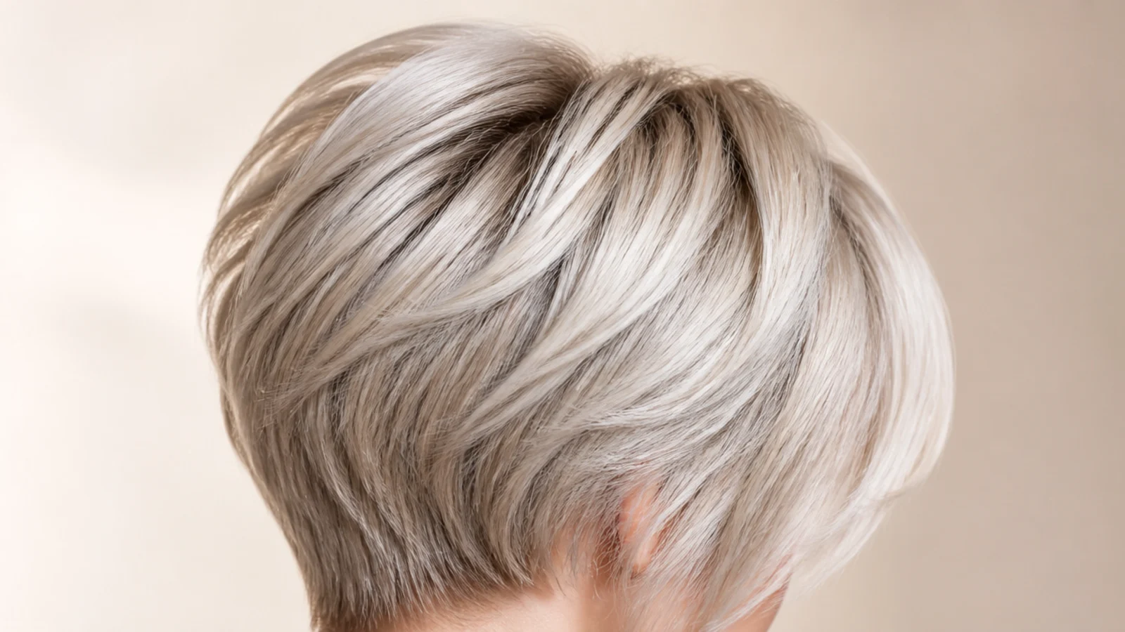 Cropped platinum-leaning pixie with a short eyebrow-length fringe and softly feathered sides