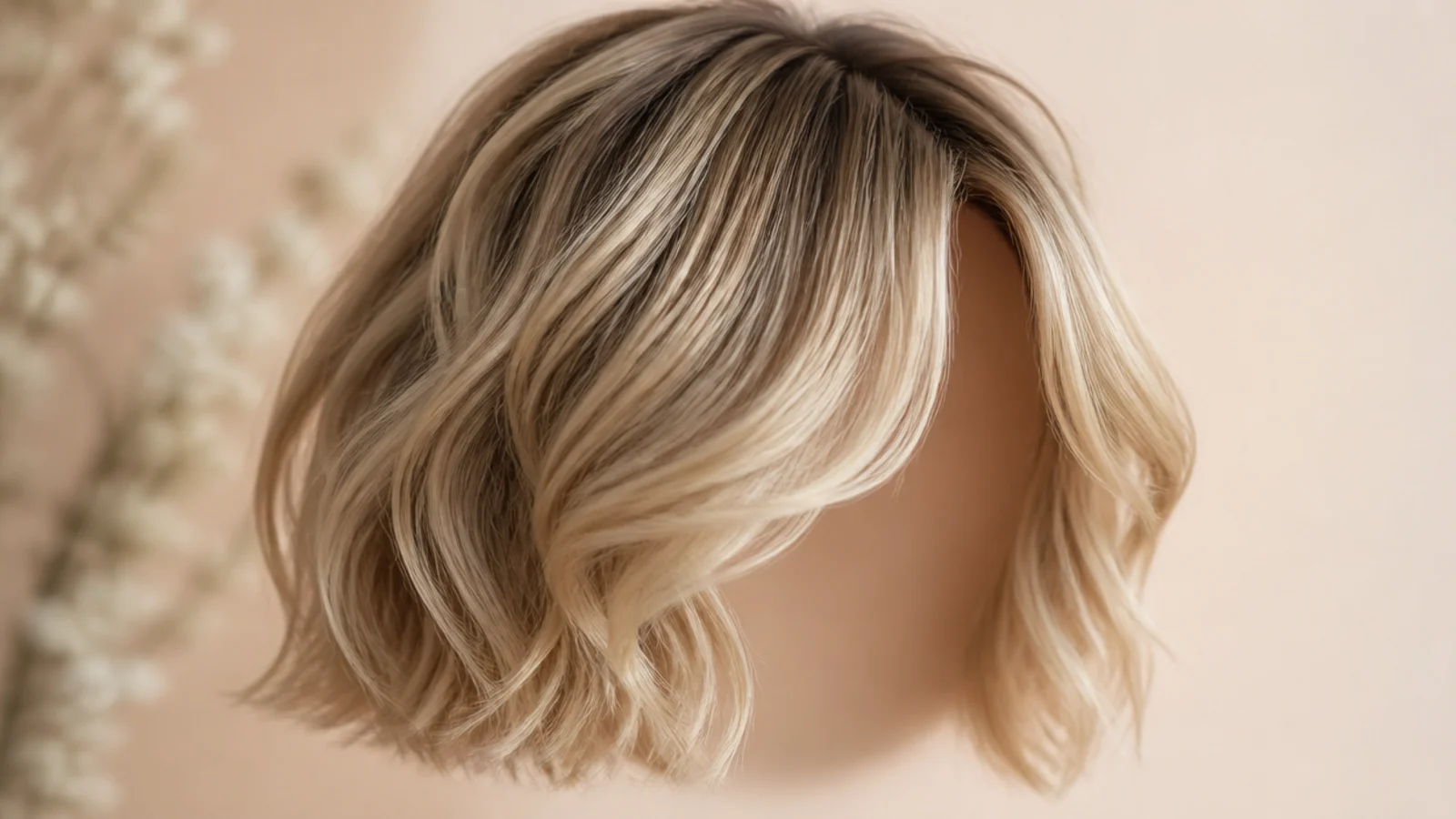 Soft wavy blonde bob with short curtain bangs split at the center and swept to each side