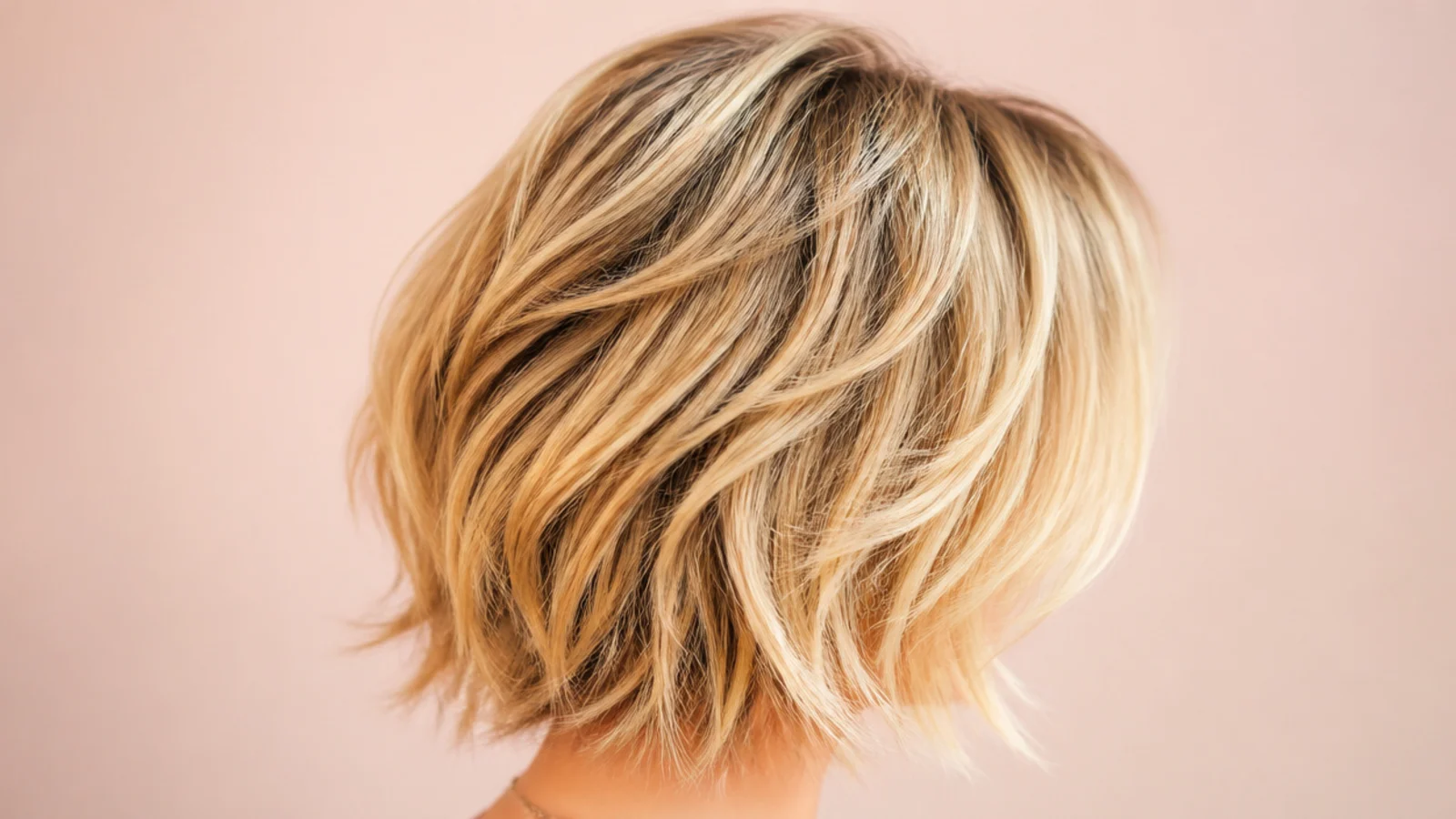 Choppy textured shaggy blonde bob with piecey ends and visible short layers at the crown
