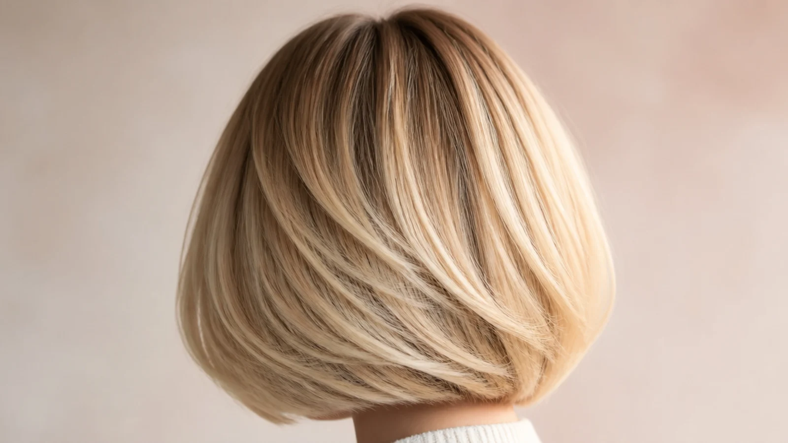 Rounded Italian bob in golden blonde with a soft shadow root at the parting, back view