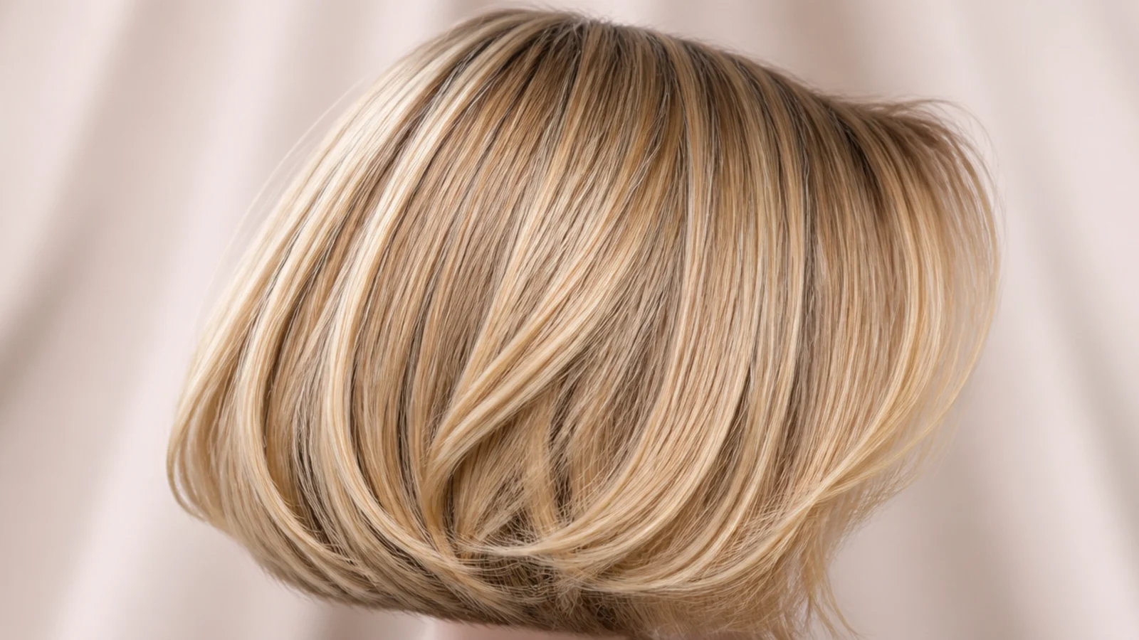 Jaw-length blonde bob with bottleneck bangs narrow at the center and flared at the sides