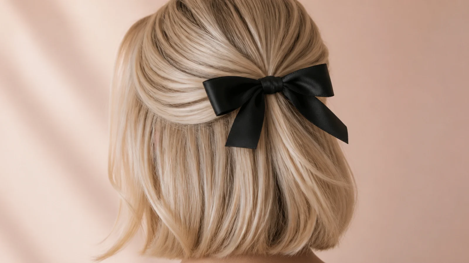 Blonde bob styled half up with a black satin bow tied at the back of the crown