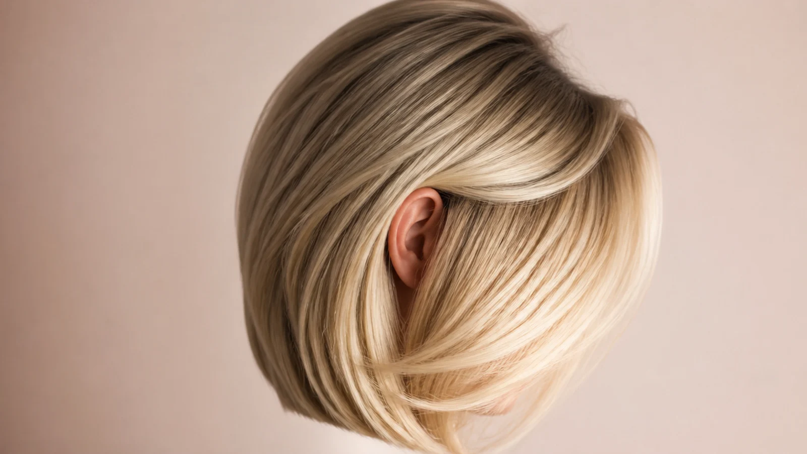Blonde bob with a deep side part sweeping heavy volume over one side and tucked behind the ear