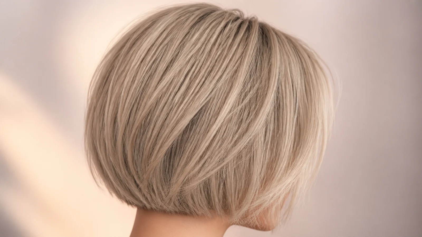 Very short cool beige blonde micro bob cut above the jaw with a blunt perimeter