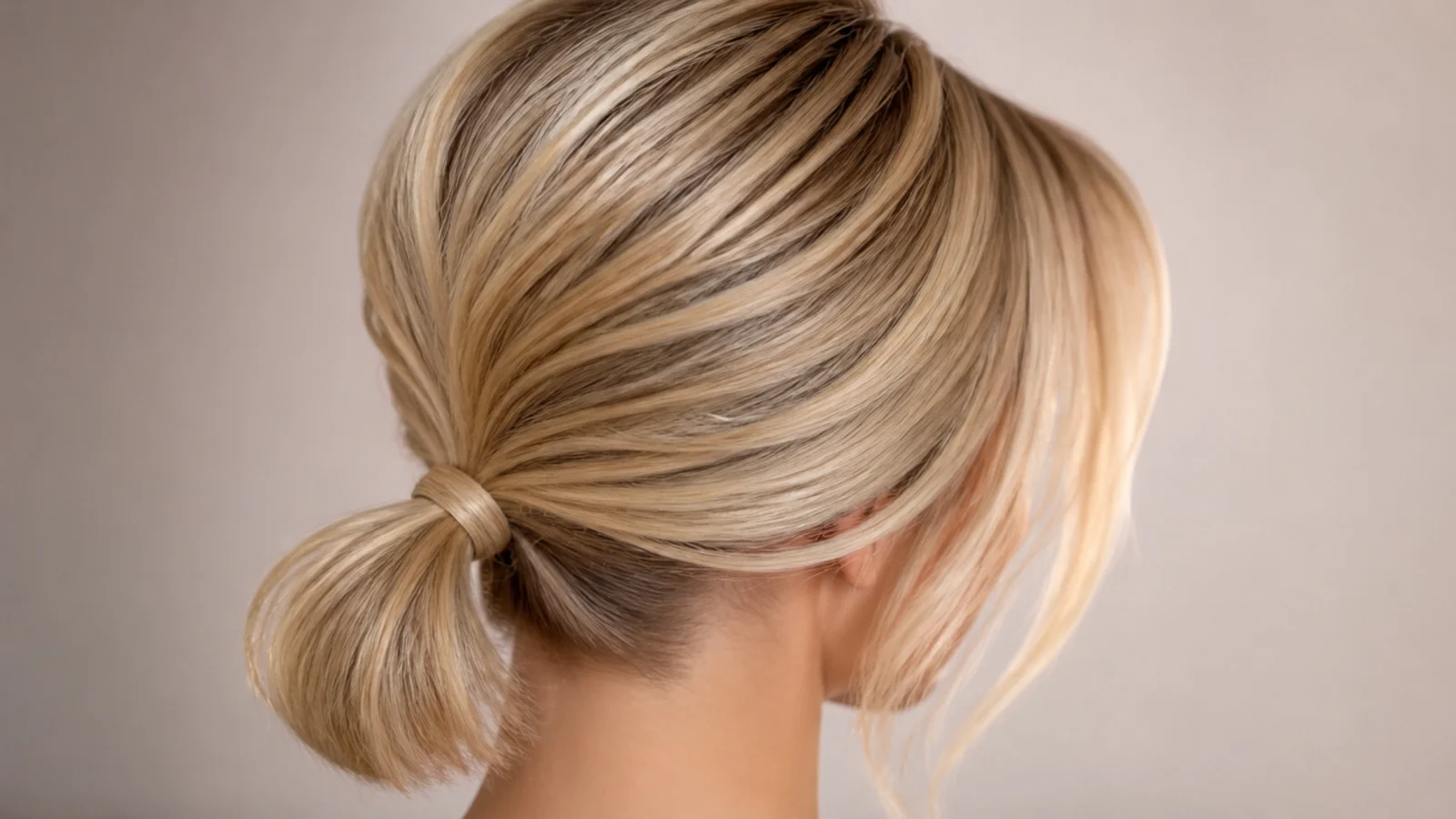 Short blonde bob slicked back into a small low ponytail with two face-framing pieces left loose