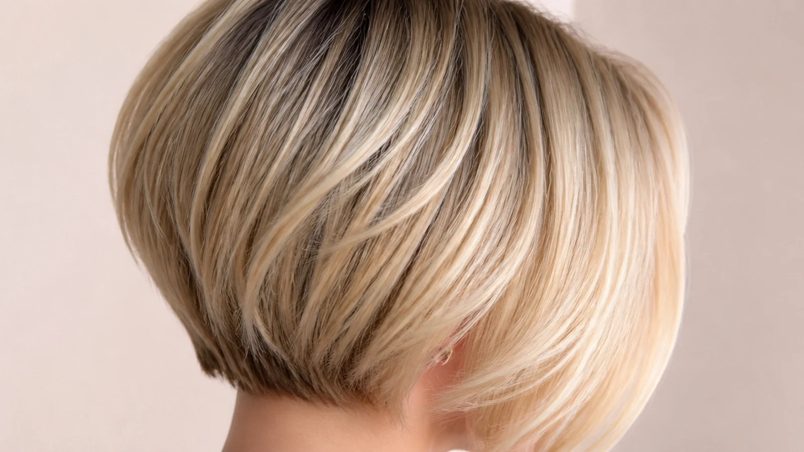 Grown-out pixie at chin length in blonde, shaped into a soft pixie bob with tucked sides