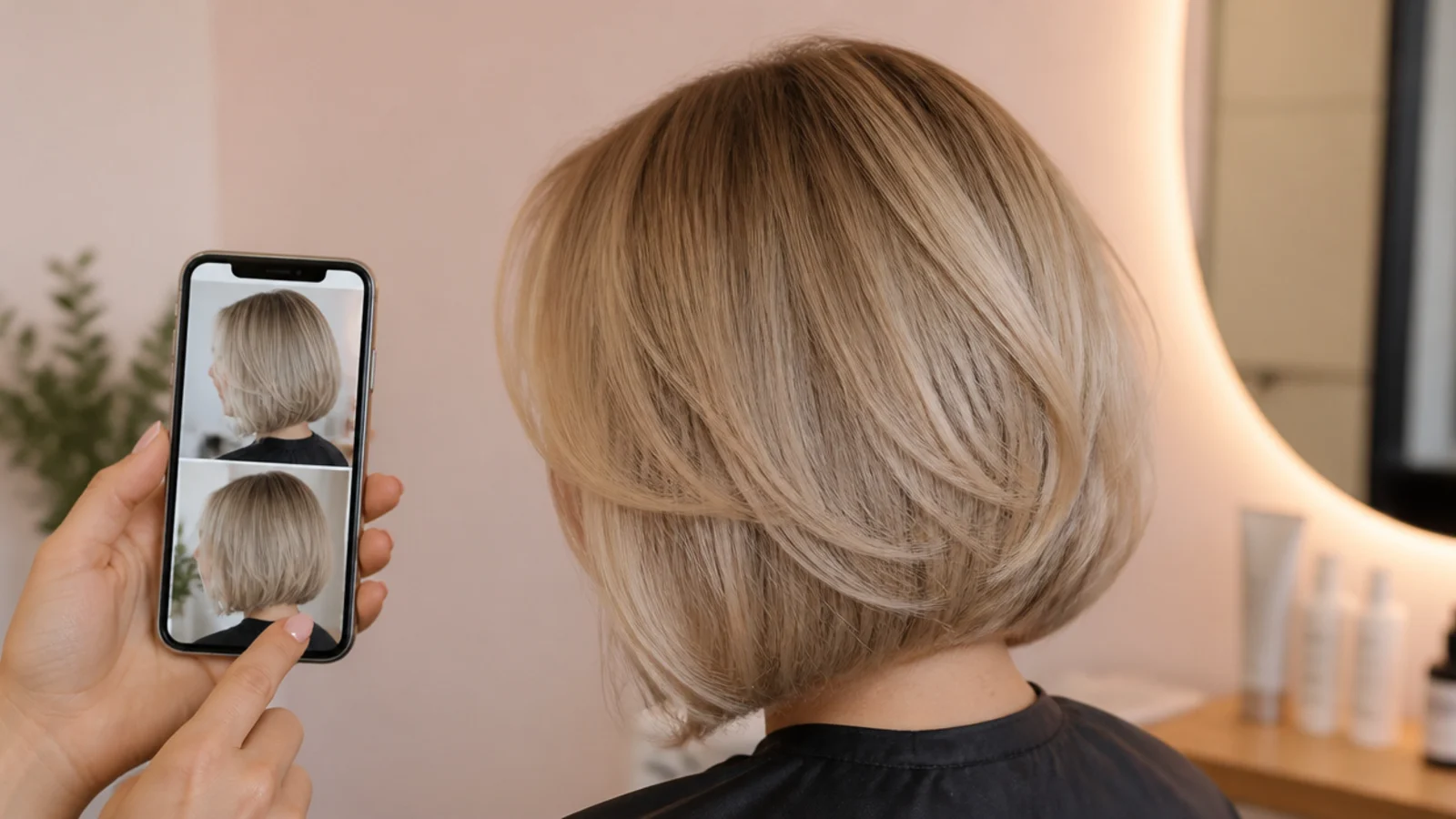 Phone showing blonde bob reference photos held up beside chin-length hair in a salon chair