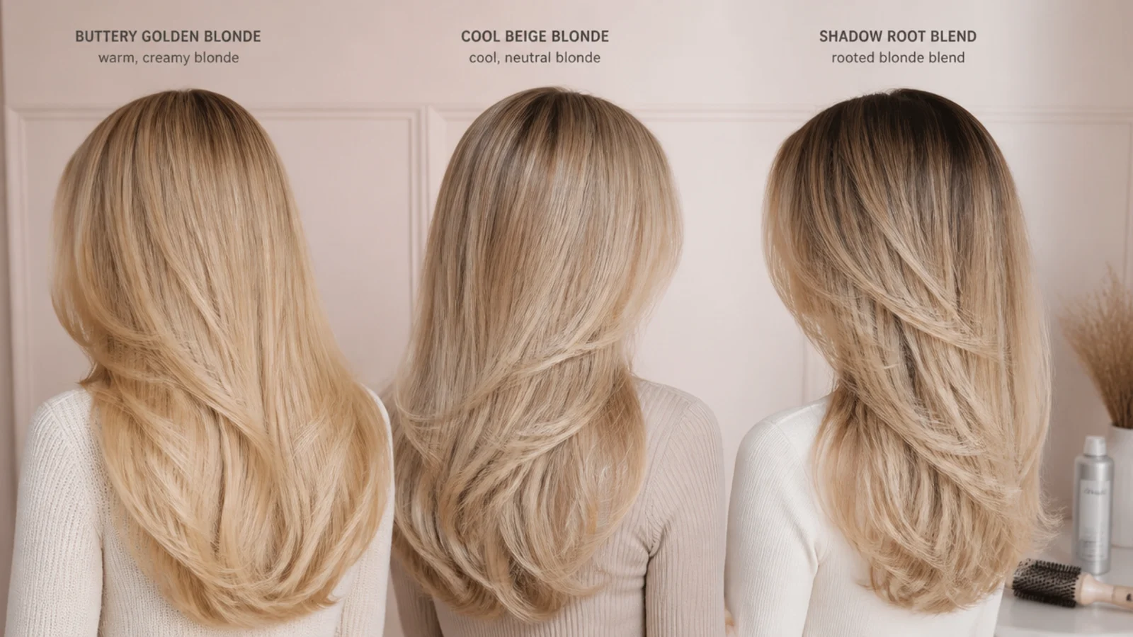 Three blonde swatches compared: buttery golden blonde, cool beige blonde and a shadow root blend