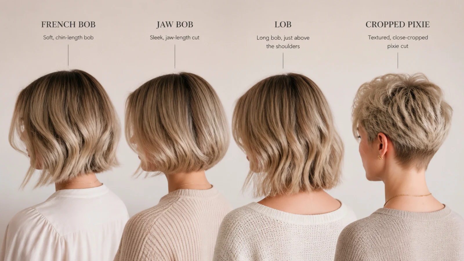 Four short blonde haircuts compared side by side: French bob, jaw bob, lob and cropped pixie