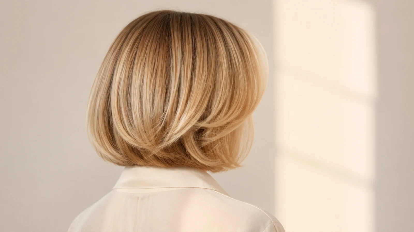 Buttery blonde chin-length bob with curtain bangs and a soft round-brush bend, photographed from behind