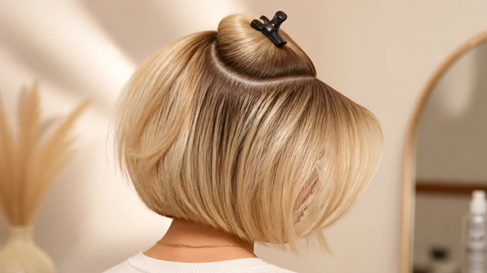 Curtain fringe on a short blonde bob sectioned into a triangle and swept away from the center part