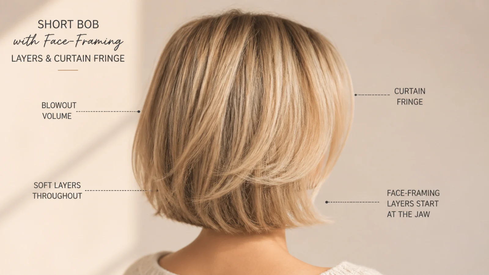 Diagram of a short blonde bob showing face-framing layers starting at the jaw and a curtain fringe