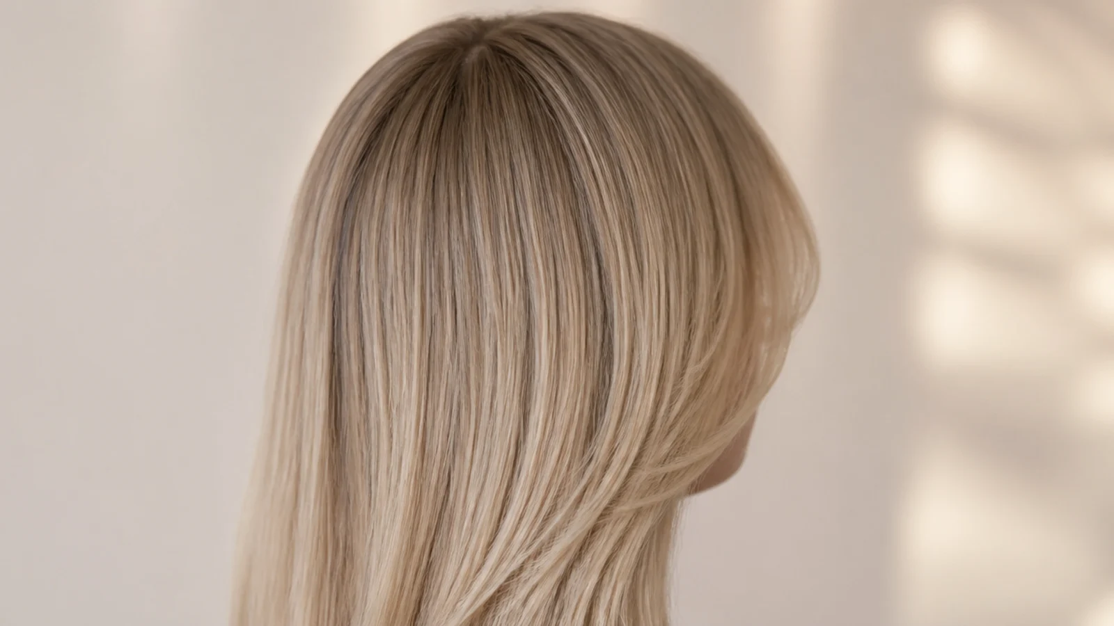 Center-part sleek straight blonde hair with lash-skimming curtain bangs, photographed from behind