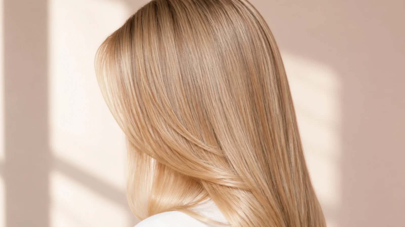 Glassy straight buttery blonde hair with a mirror-like shine down the mid-lengths