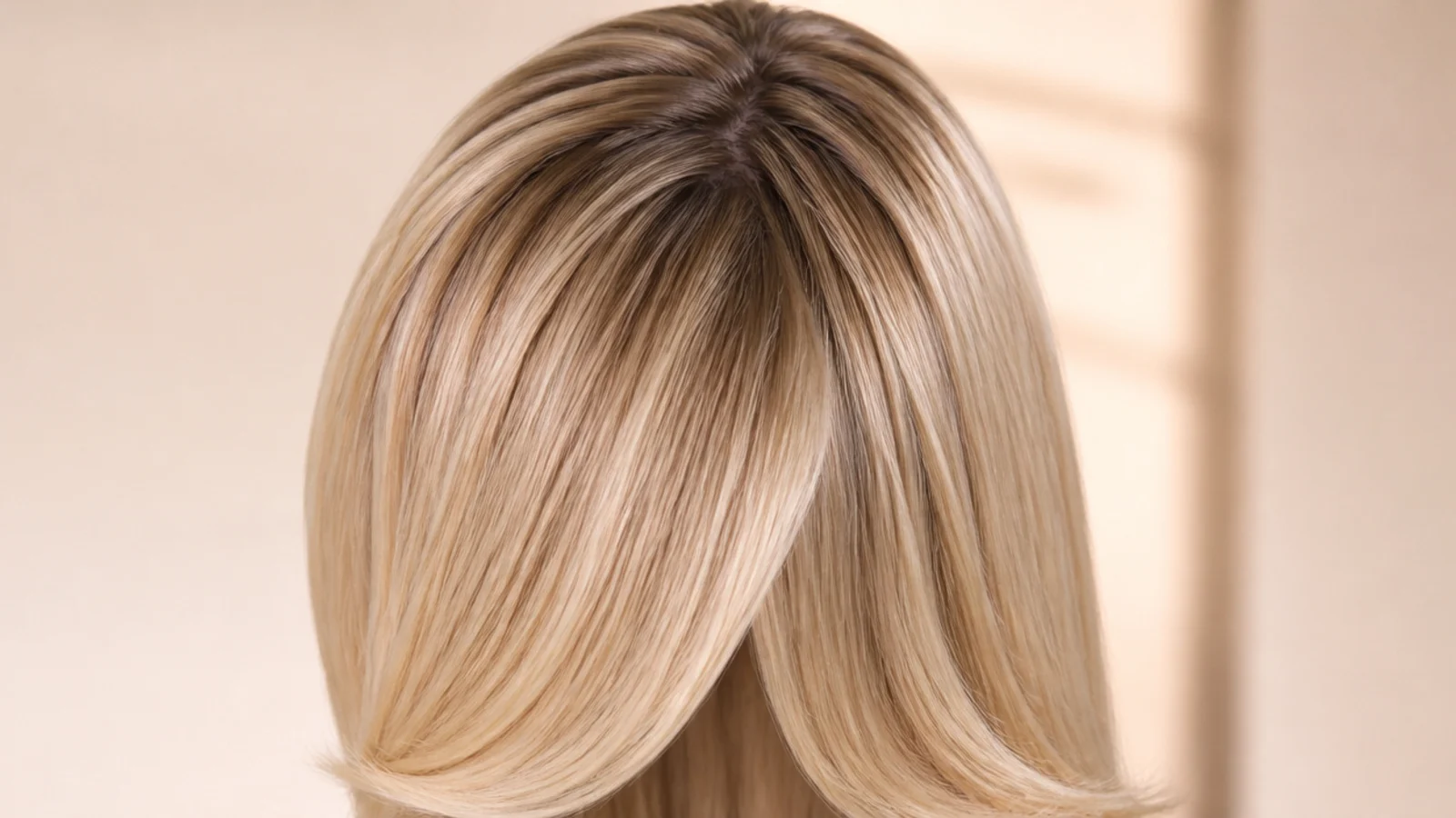 Deep side part on sleek straight blonde hair with a long swept fringe covering one cheekbone