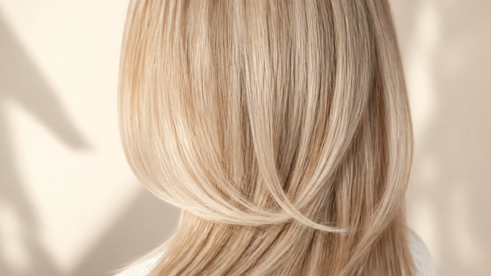 Long straight blonde hair showing face-framing layers beginning at the jaw and blending into the lengths