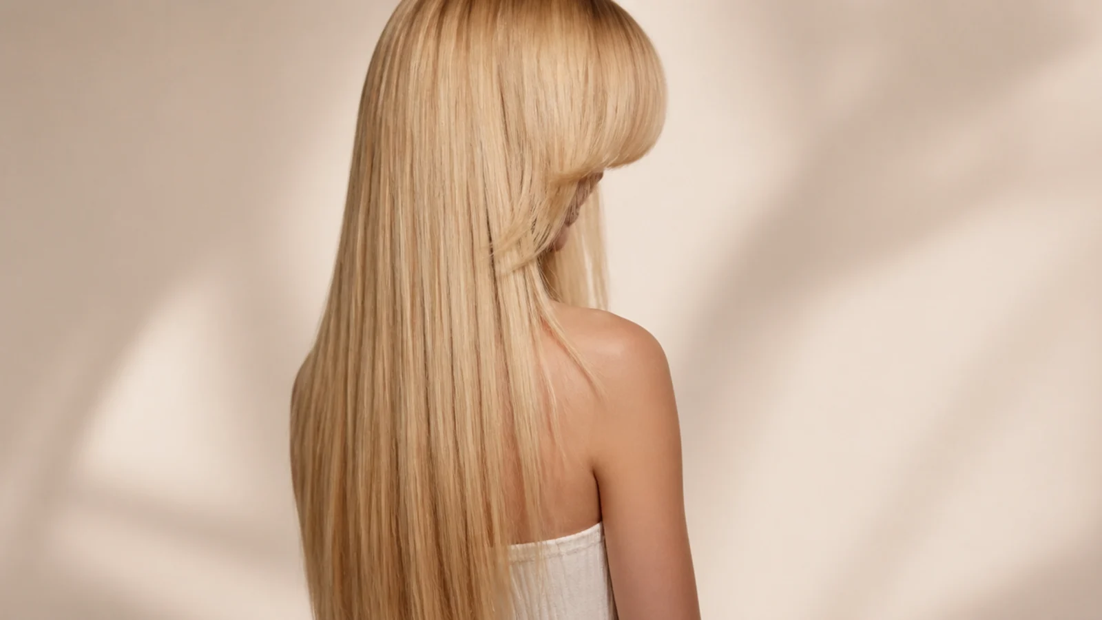 One-length straight blonde hair with a full eye-skimming fringe and blunt ends at the waist