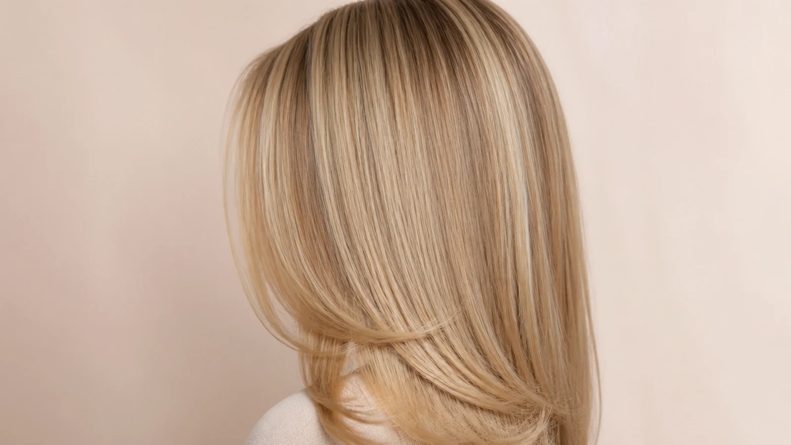 Sleek straight blonde hair with a soft inward bend in the last three inches of the ends